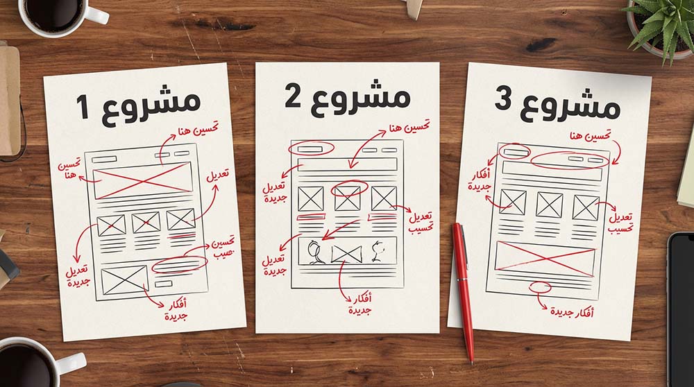مكتب يعرض مشاريع تصميم مع ملاحظات وتعديلات خلال الشهر الرابع والخامس