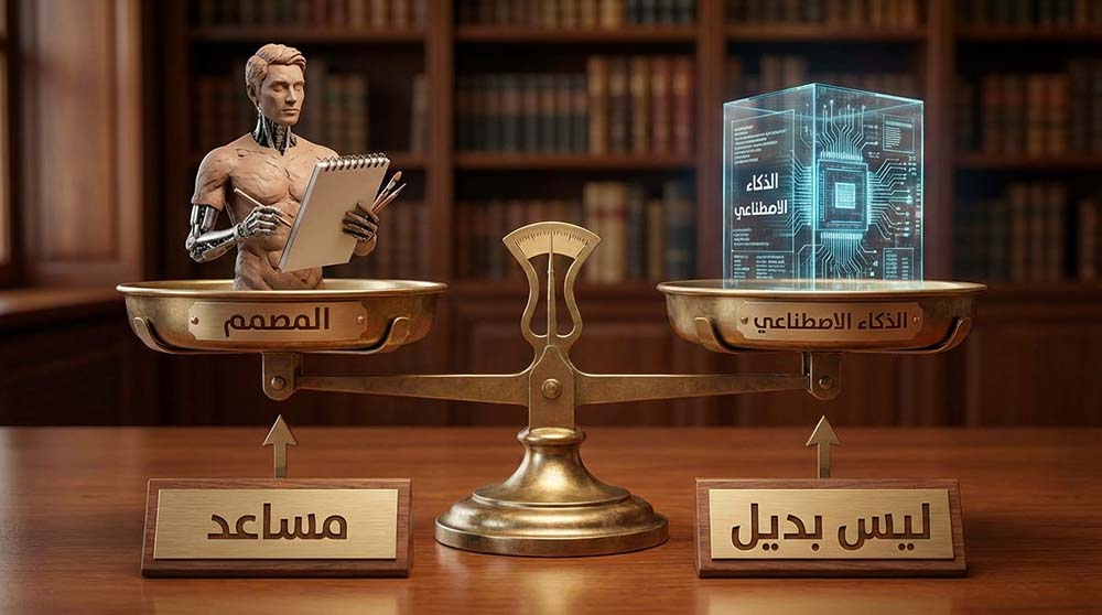 ميزان يوازن بين دور المصمم والذكاء الاصطناعي كأداة مساعدة