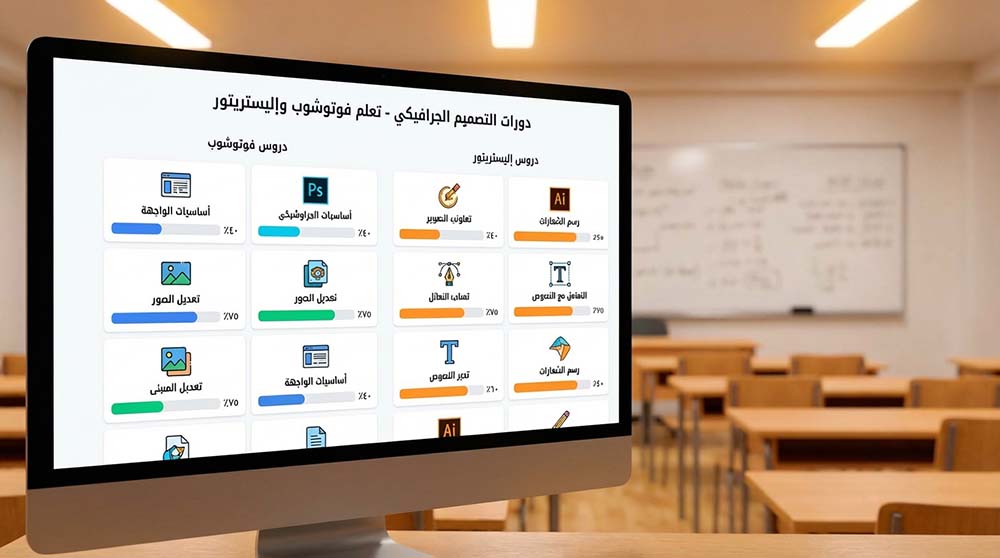 واجهة تعليمية لبرامج أدوبي مع قنوات يوتيوب عربية لتعلم التصميم