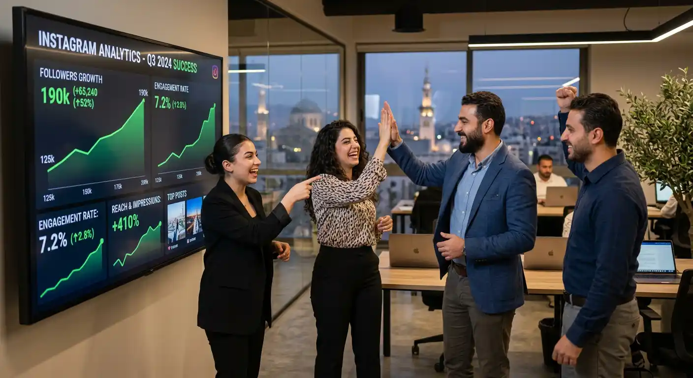 فريق تسويق سوري ناجح يحتفل بنمو حساب إنستغرام مع تحليلات تظهر زيادة بالوصول والمتابعين