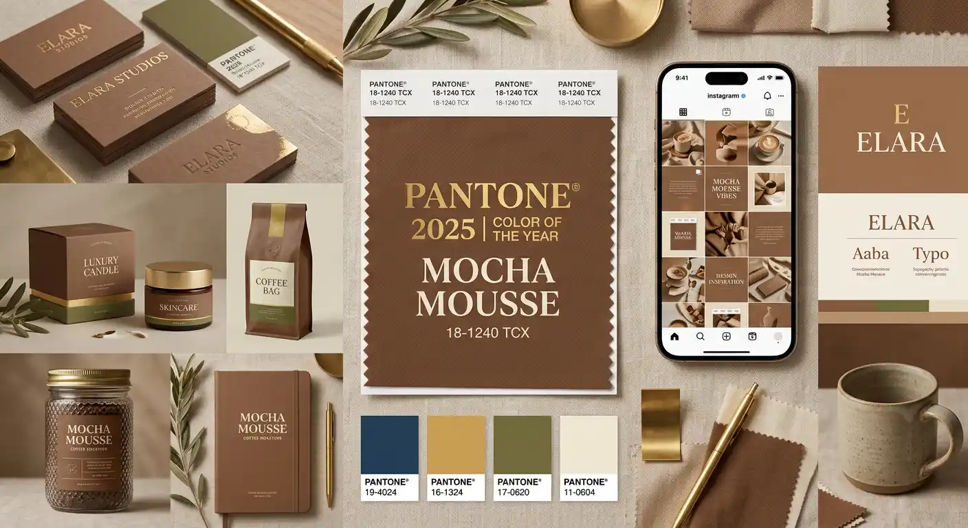 لون العام 2025 Mocha Mousse من Pantone مع أمثلة تطبيقية بالتصميم الغرافيكي والهوية البصرية