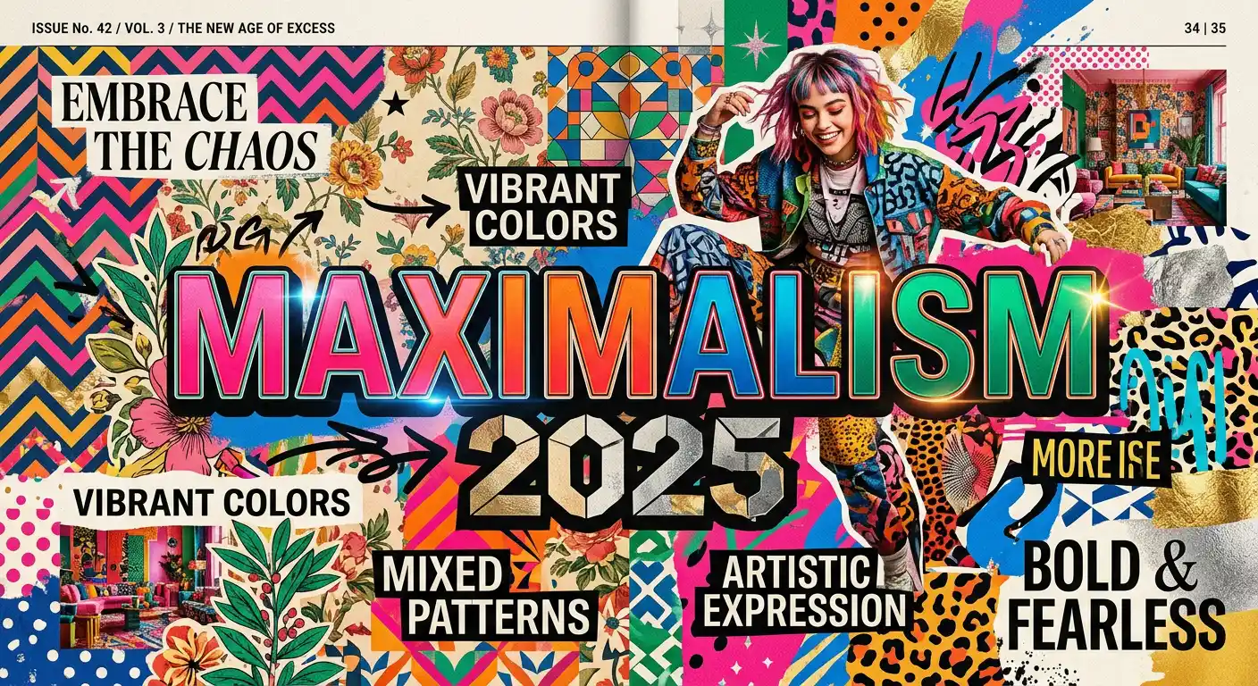 ترند الماكسيماليزم بالتصميم الغرافيكي 2025 مع أمثلة على تصاميم غنية بالألوان والعناصر والتفاصيل