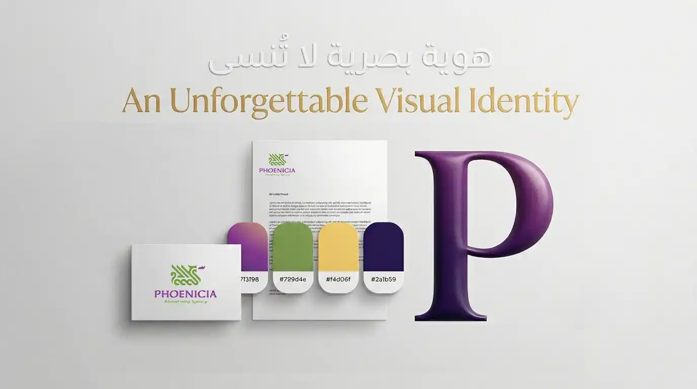 مجموعة من عناصر الهوية البصرية لشركة ما، تتضمن شعار، بطاقة عمل، وألوان وخطوط العلامة التجارية.