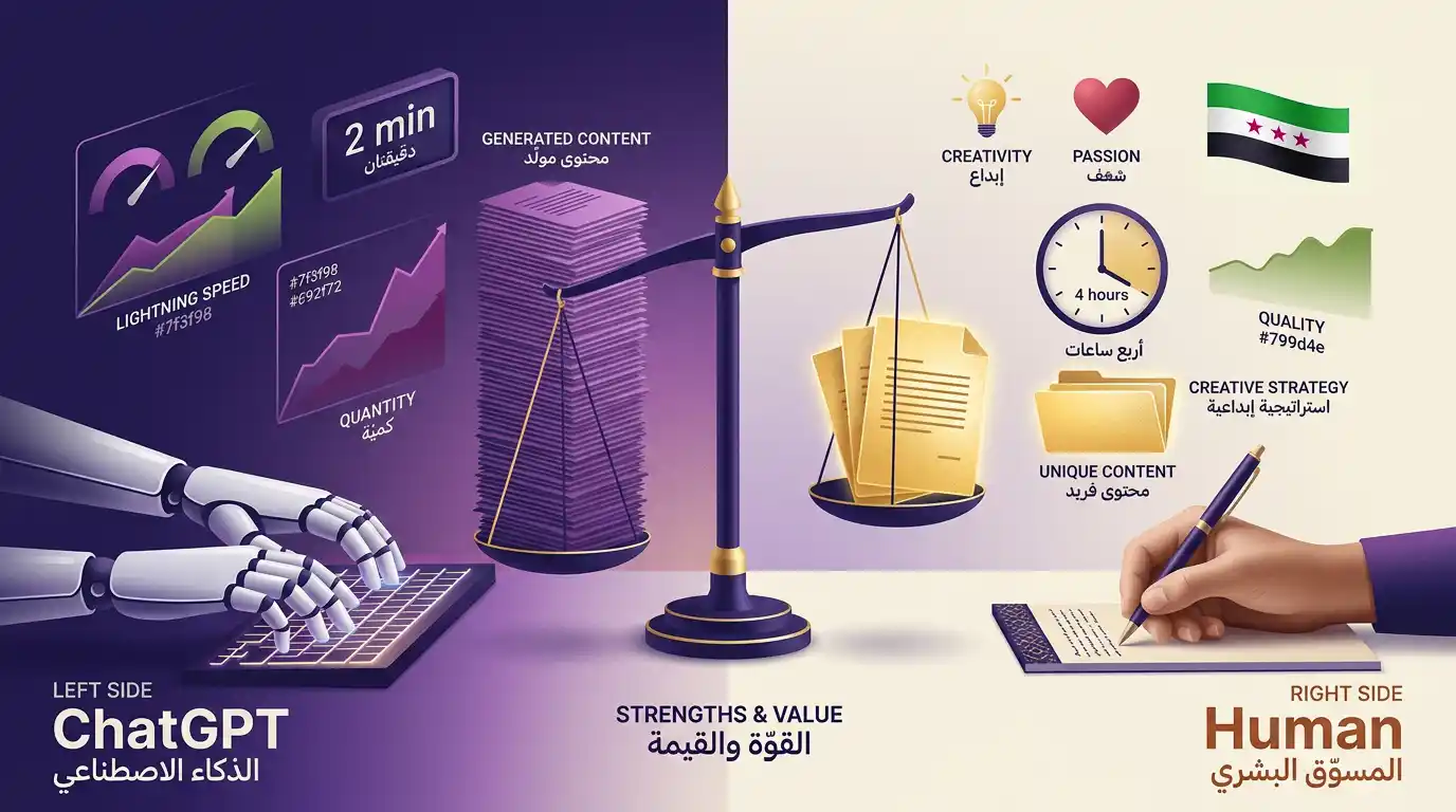 مقارنة بين قدرات ChatGPT والمسوّق البشري بكتابة المحتوى التسويقي من حيث السرعة والإبداع والجودة