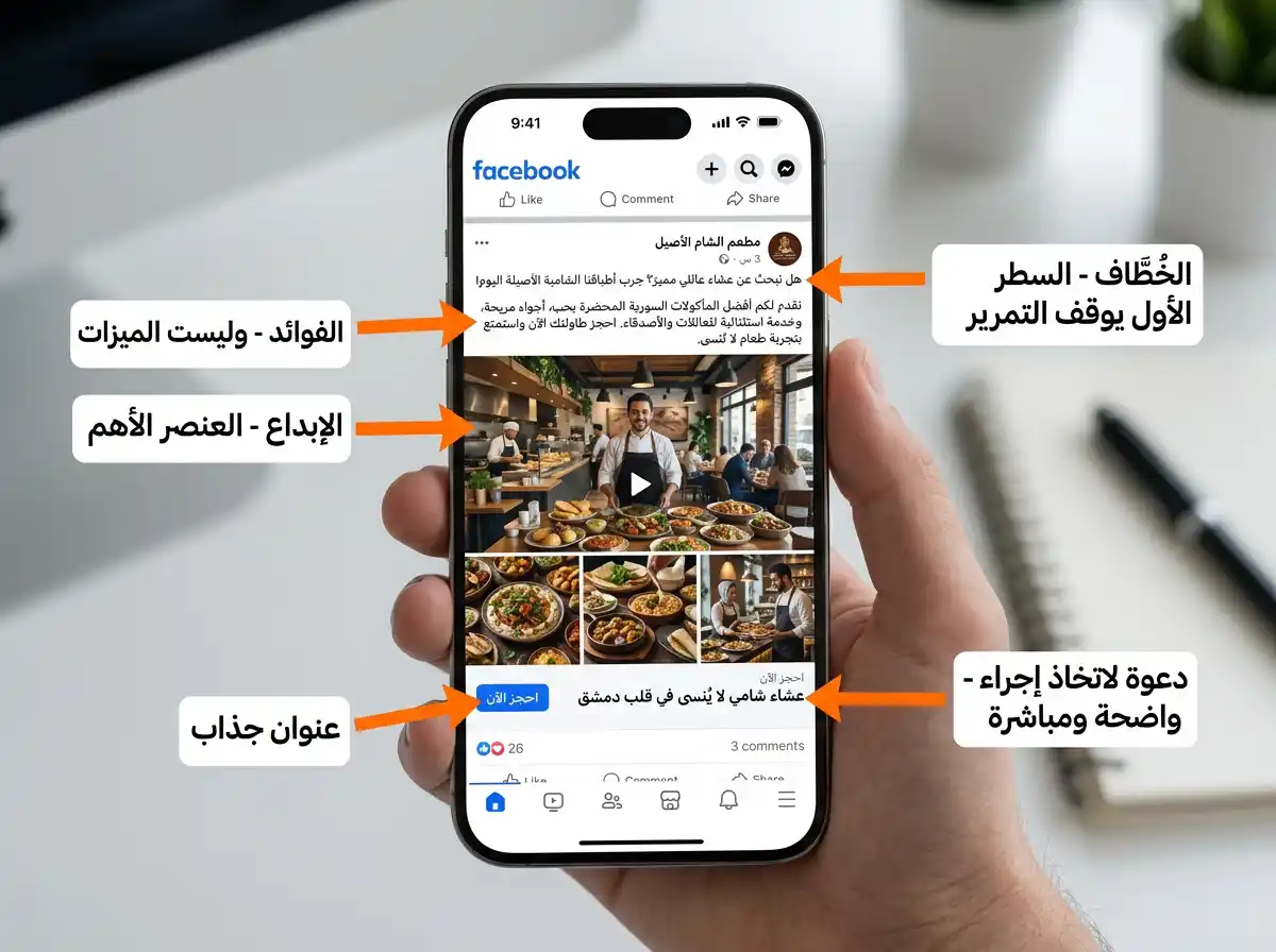 عناصر الإعلان الفعّال على ميتا - الصورة والنص الإعلاني وزر CTA مع نصائح لكل عنصر