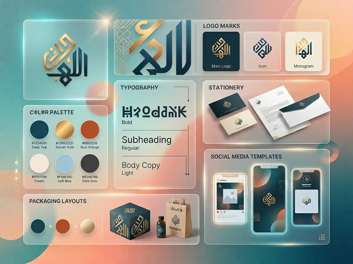 لوحة هوية بصرية متكاملة تضم الشعار والألوان والخطوط وقوالب التصميم الخاصة بعلامة تجارية حديثة