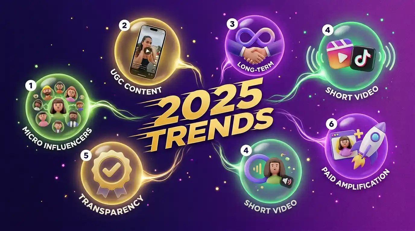 ترندات التسويق عبر المؤثرين بـ 2025 تشمل المؤثرين الصغار ومحتوى UGC والشراكات الطويلة والفيديو القصير