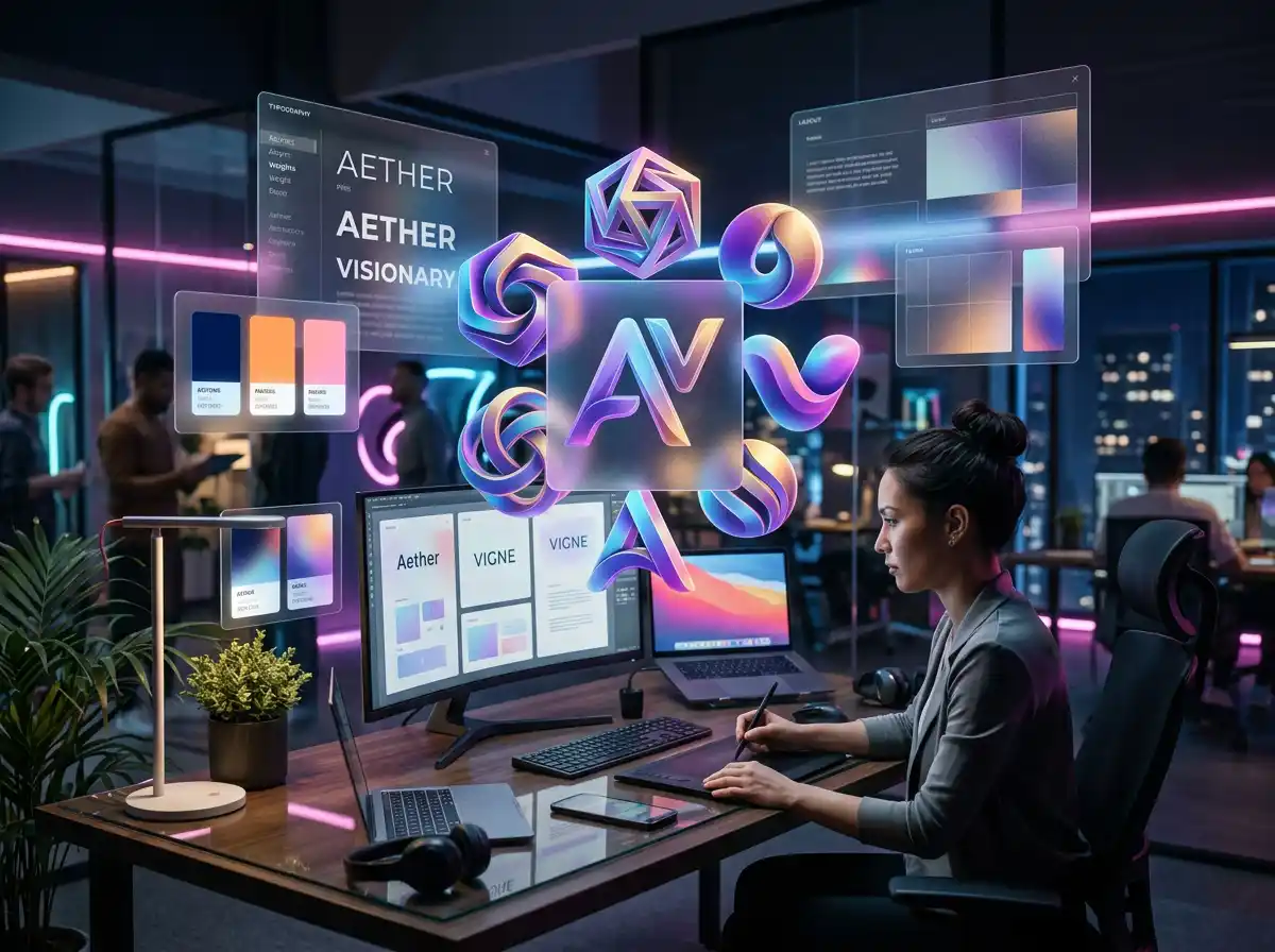 مشهد تصميم إبداعي حديث يوضح تطوير الهوية البصرية باستخدام عناصر ثلاثية الأبعاد وألوان وخطوط احترافية