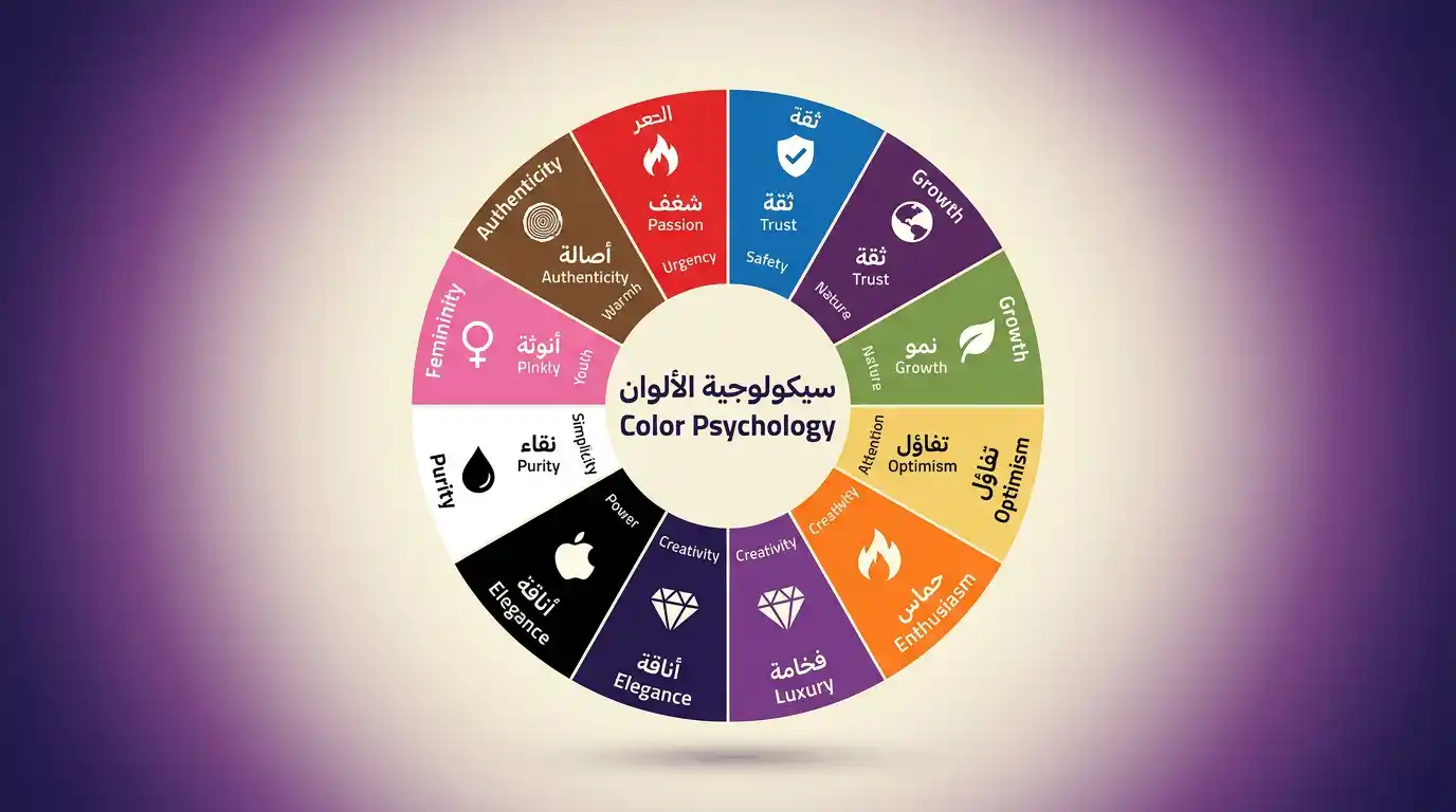 عجلة سيكولوجية الألوان بالتسويق توضح تأثير كل لون على المشاعر والسلوك مع أمثلة على براندات عالمية