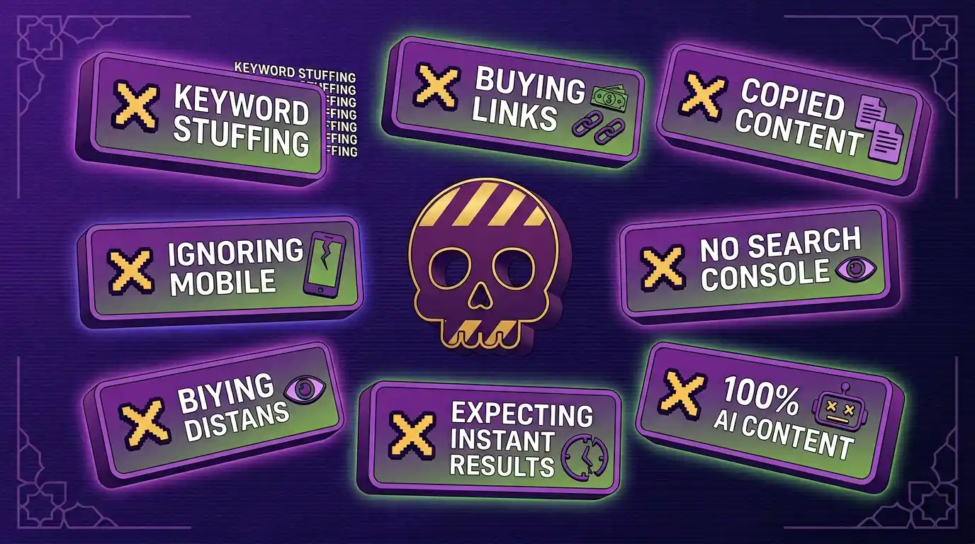 أخطاء SEO القاتلة يلي لازم تتجنبها بـ 2025 تشمل حشو الكلمات وشراء الباك لينك ونسخ المحتوى