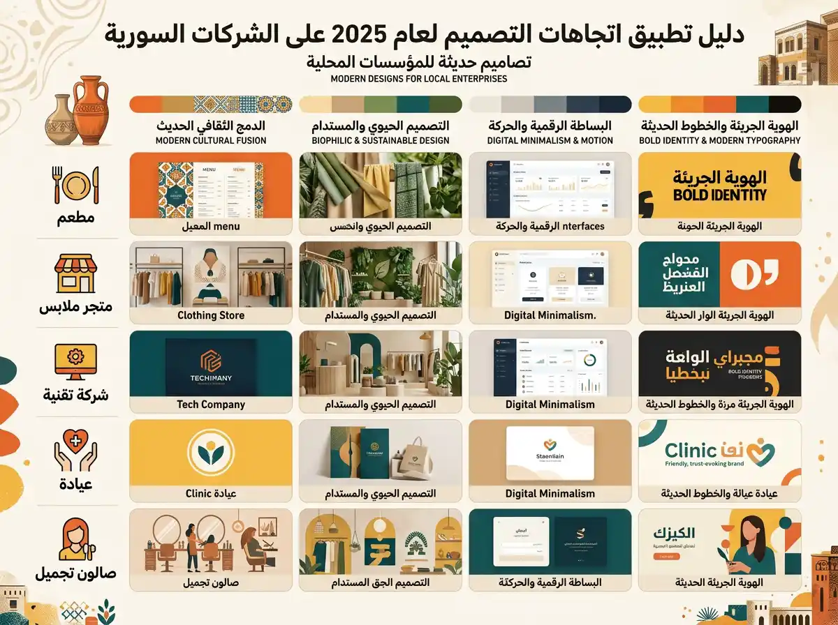 دليل عملي لتطبيق ترندات التصميم الغرافيكي 2025 على مشروعك بسوريا مع جدول يوضح الأنسب لكل نوع بزنس