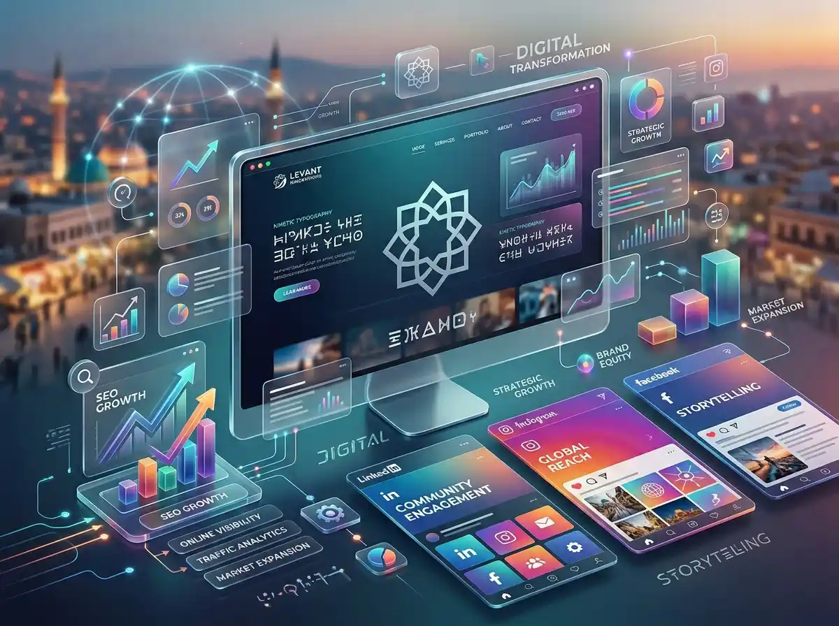 لوحة محتوى رقمي احترافية تعرض موقع إلكتروني وسوشال ميديا وهوية بصرية متناسقة لشركة في سوريا