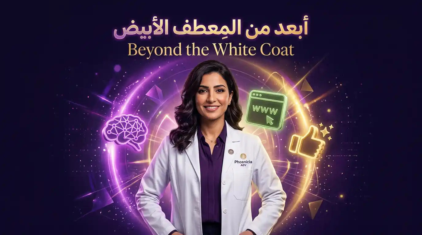 طبيب يرتدي معطفاً أبيض ومن حوله هالة رقمية متوهجة تحتوي على أيقونات ترمز للموقع الإلكتروني والسوشال ميديا والمعرفة.