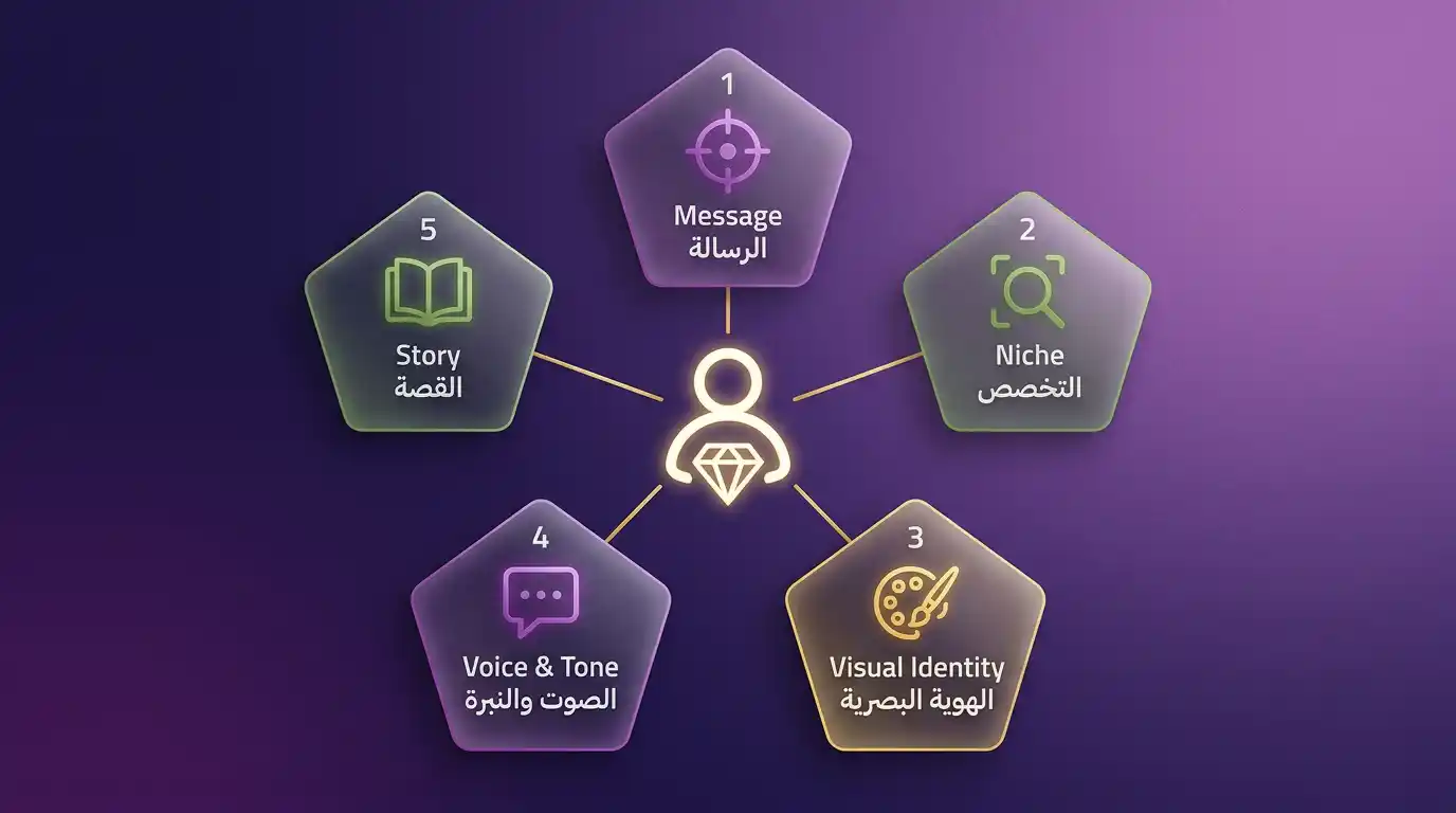 5 عناصر أساسية لبناء براند شخصي قوي تشمل الرسالة والتخصص والهوية البصرية والصوت والقصة