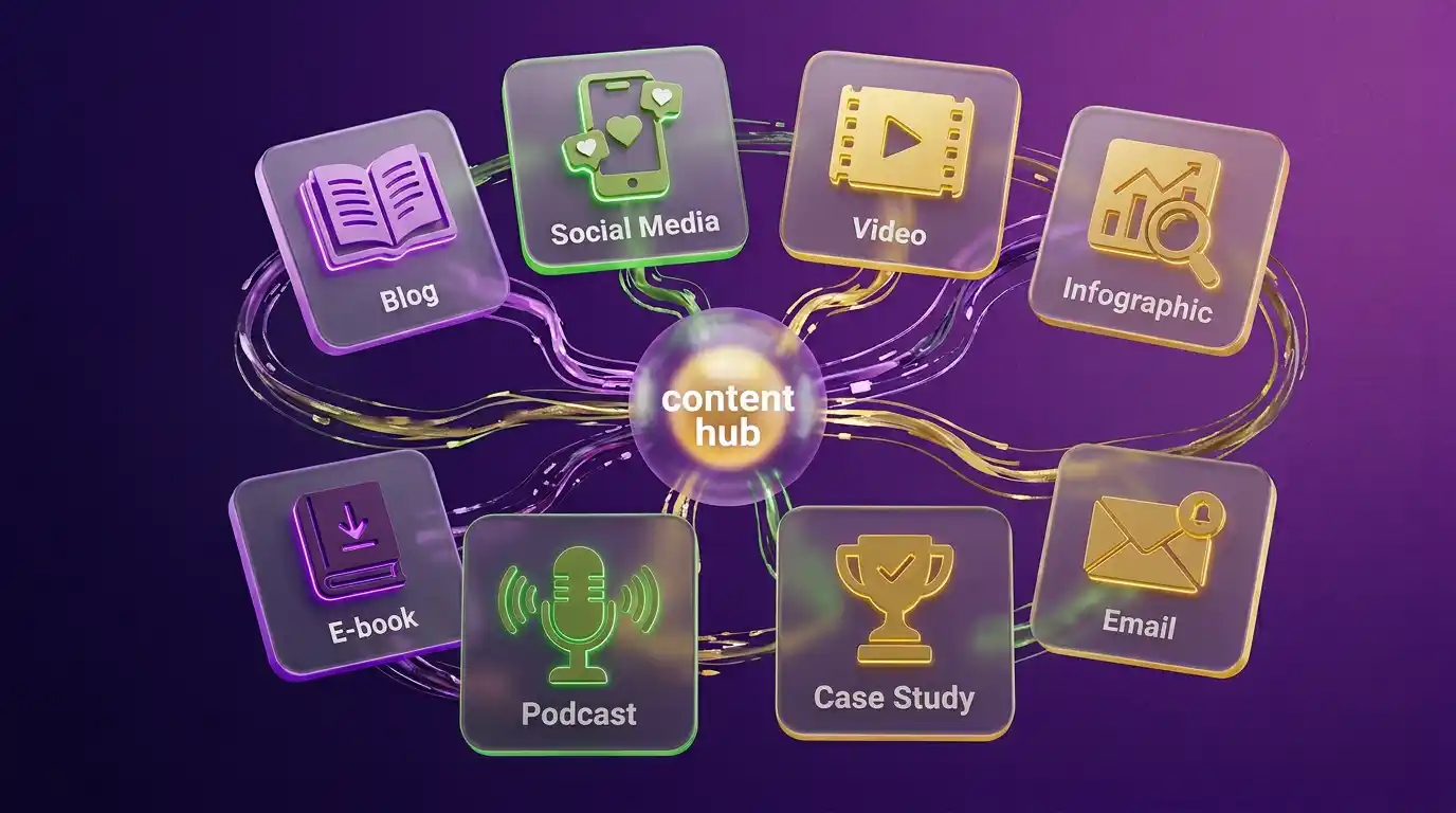 8 أنواع من المحتوى التسويقي تشمل المدونة والسوشال ميديا والفيديو والإنفوغرافيك ودراسات الحالة والبودكاست