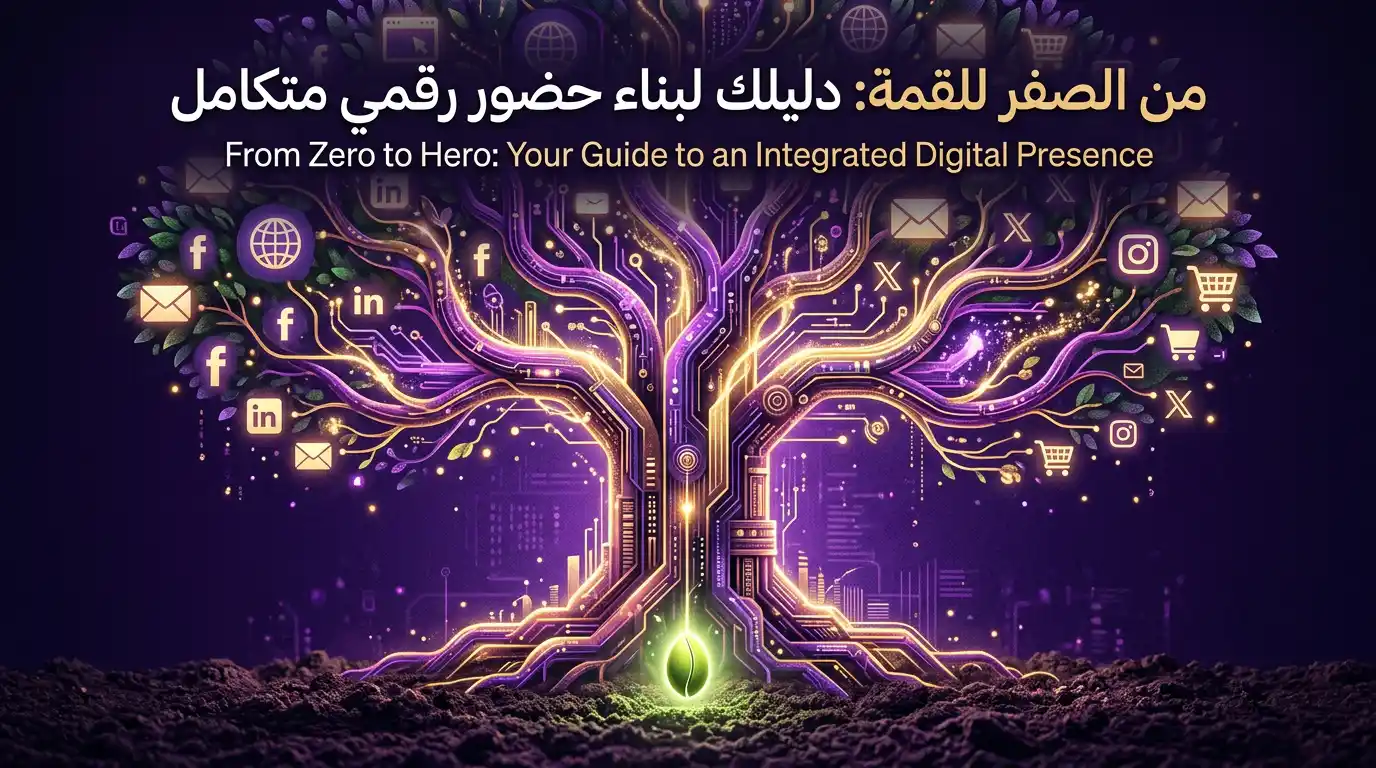 رسم توضيحي ثلاثي الأبعاد لشجرة رقمية تنمو من بذرة، ترمز إلى نمو الحضور الرقمي للشركات في سوريا