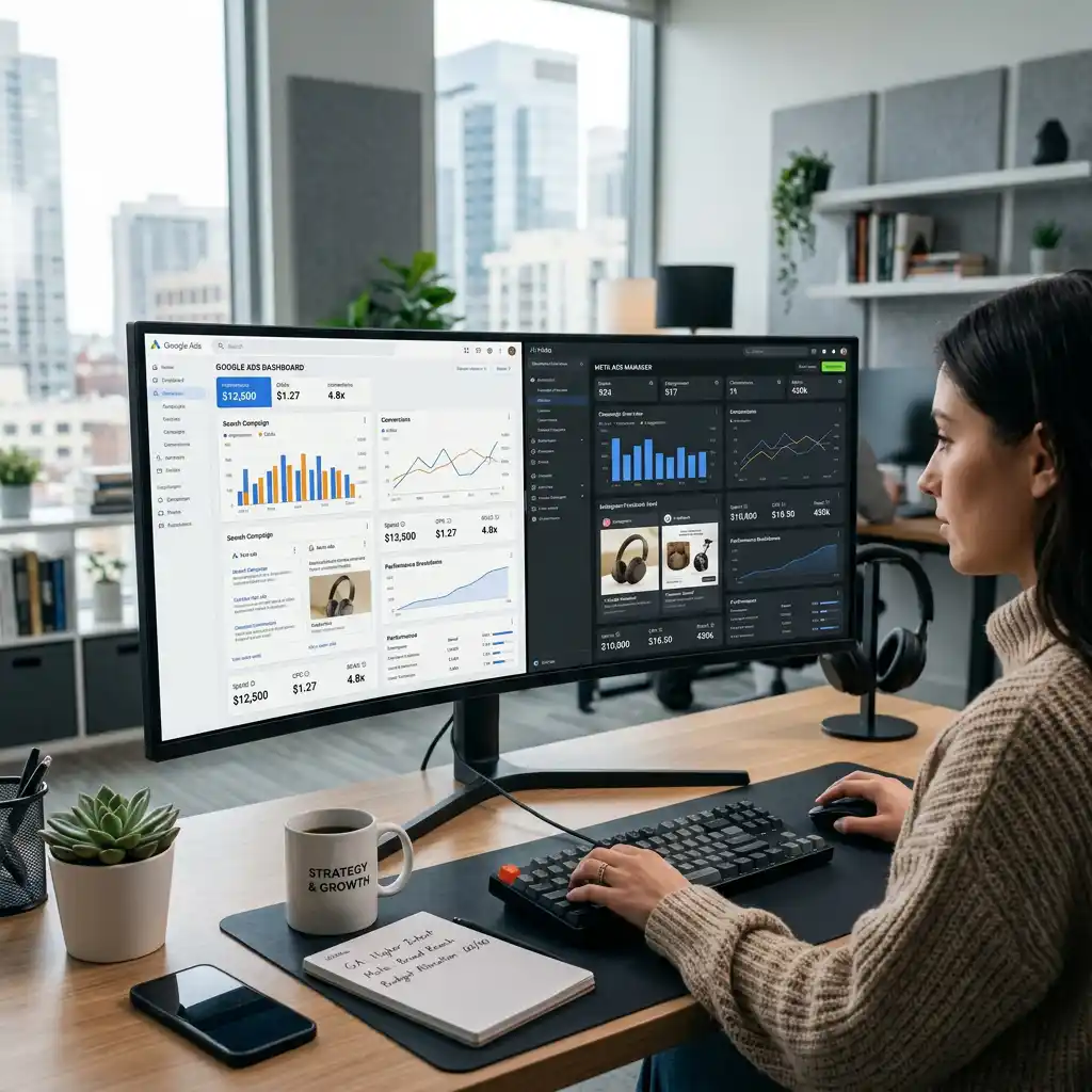 شاشة تعرض مقارنة بين إعلانات جوجل وإعلانات ميتا ضمن بيئة عمل تسويقية احترافية
