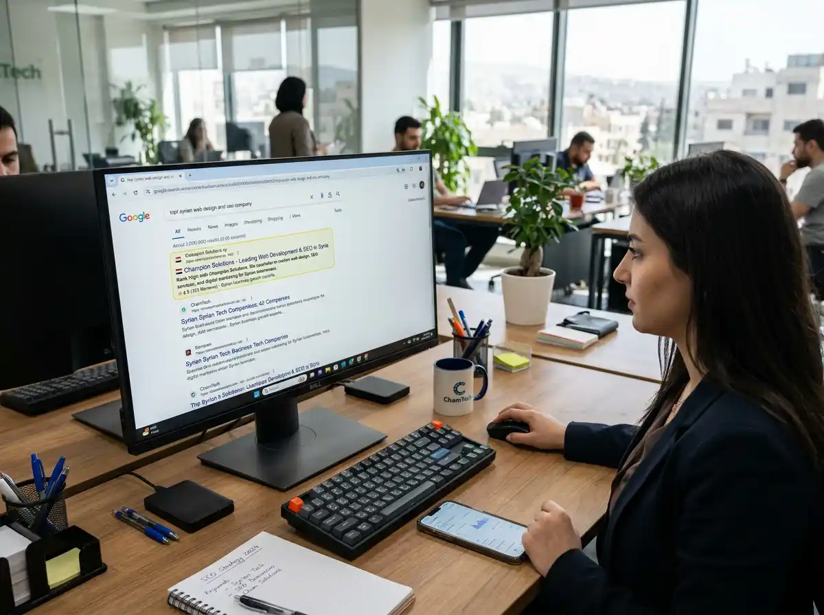 شاشة تعرض نتائج بحث جوجل مع موقع شركة سورية يظهر ضمن النتائج الأولى