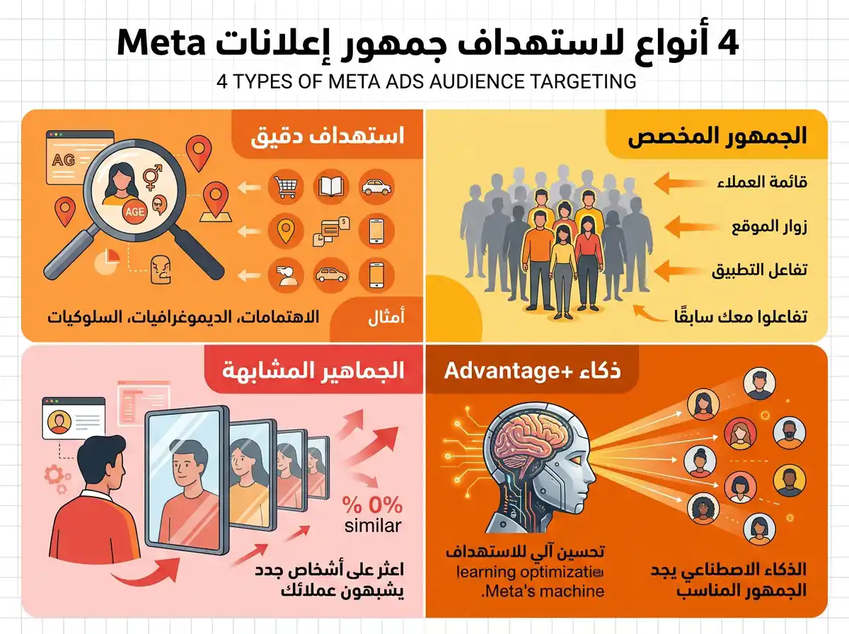 أنواع استهداف الجمهور بإعلانات ميتا 2025 من الاستهداف التفصيلي للجماهير المخصصة والمشابهة و Advantage Plus