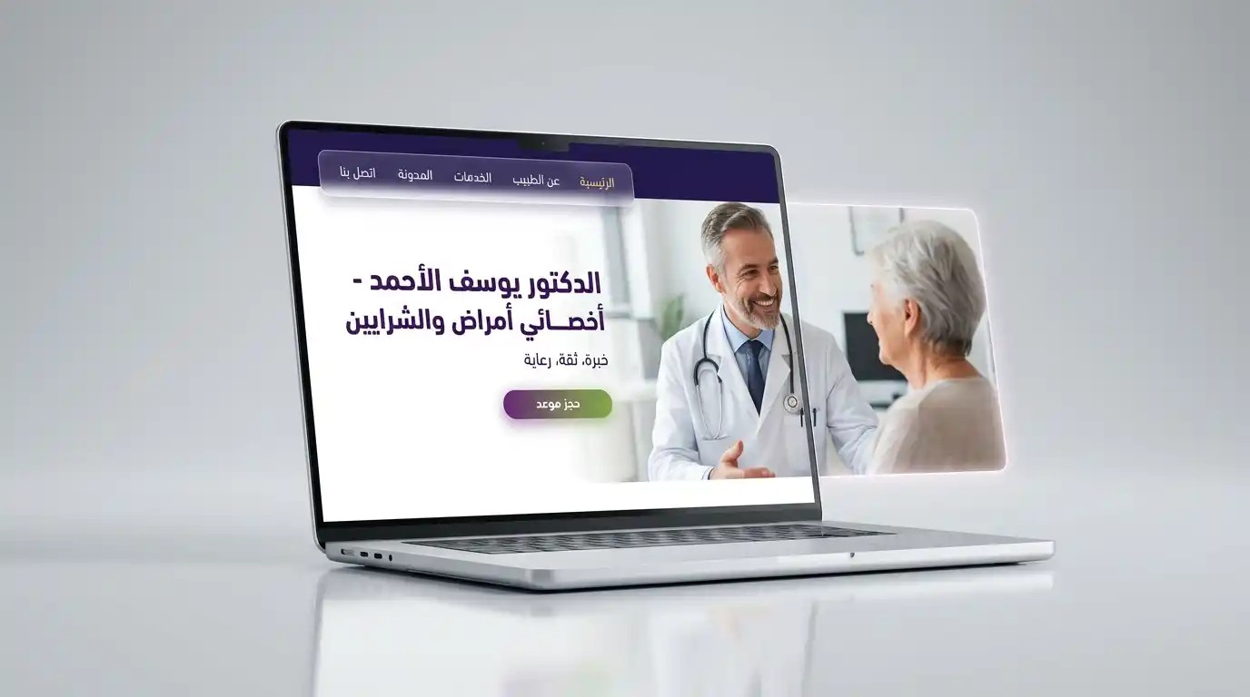 لابتوب حديث يعرض الصفحة الرئيسية لموقع إلكتروني احترافي لطبيب، مع تصميم نظيف وصور عالية الجودة.