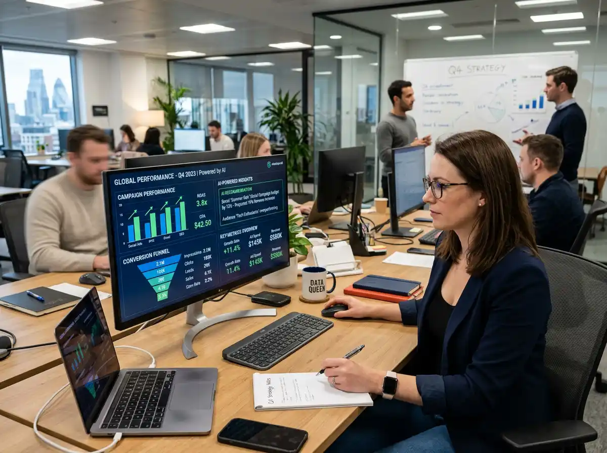 لوحة تحليلات تسويقية رقمية تعرض بيانات حملة إعلانية ونتائج الأداء باستخدام أدوات ذكية