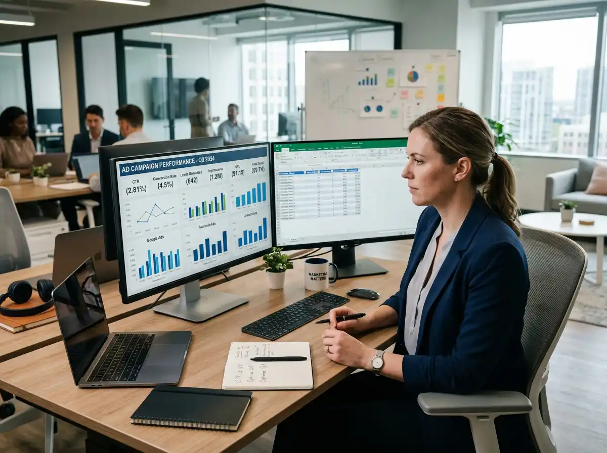 مدير حملات إعلانية يراجع مؤشرات الأداء ونتائج التحويل لحملة تسويقية رقمية