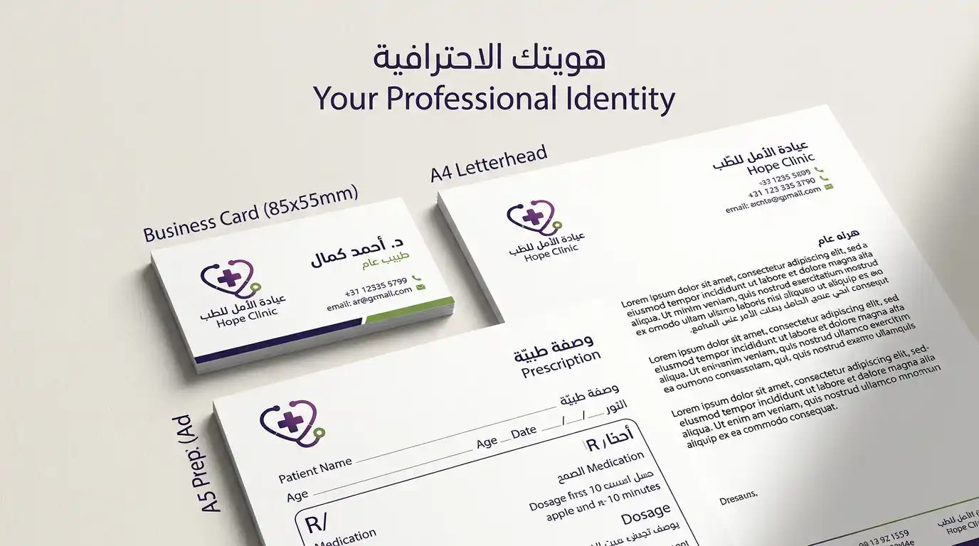 مجموعة من مواد الهوية البصرية لعيادة طبية: كرت بزنس، روشتة، ومغلف، كلها بتصميم موحد وأنيق.