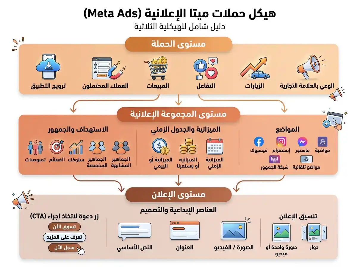 هيكلية الحملة الإعلانية على ميتا بثلاث مستويات: الحملة والمجموعة الإعلانية والإعلان مع شرح لكل مستوى