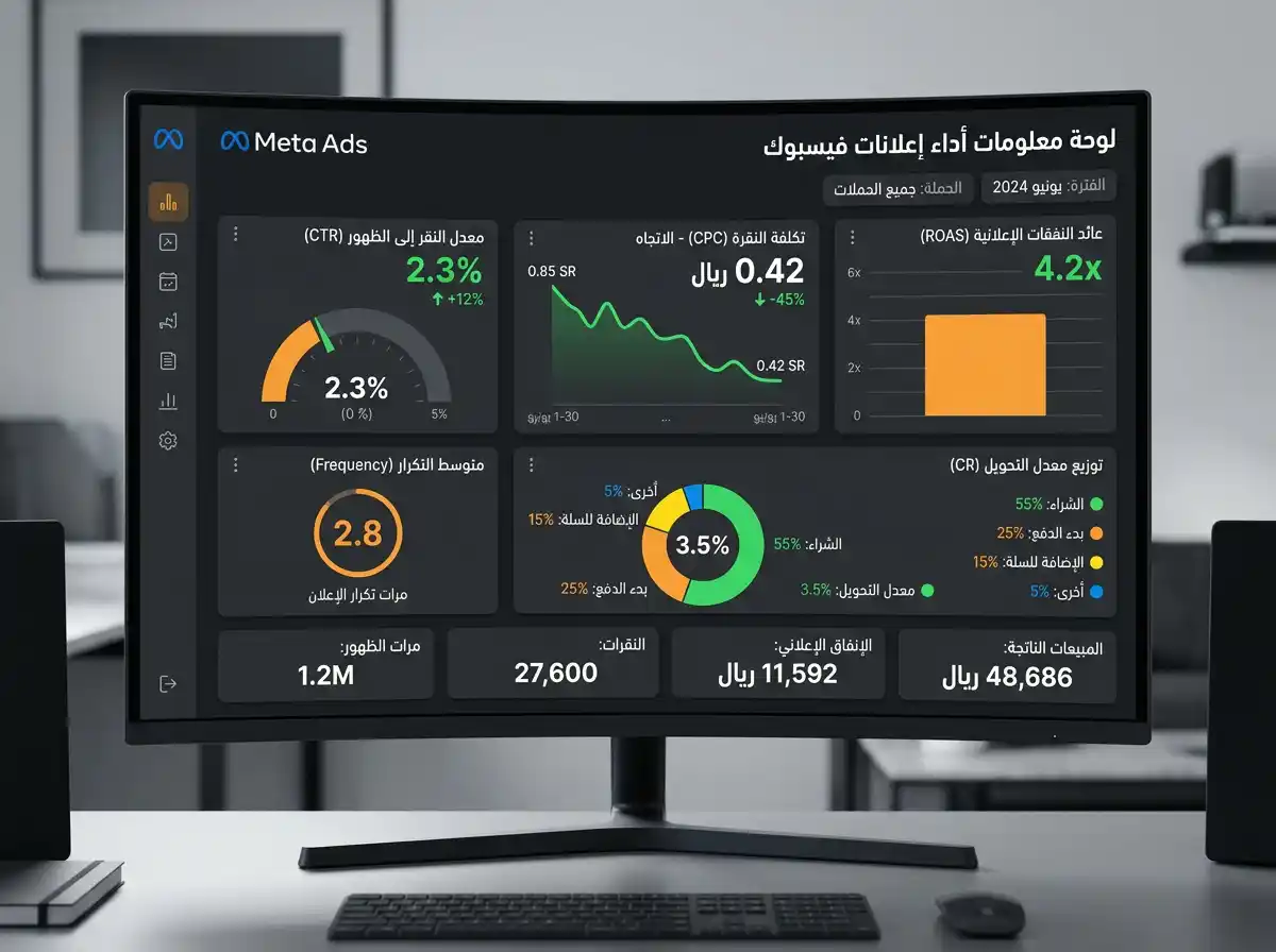 لوحة تحليلات إعلانات ميتا مع شرح لأهم المقاييس يلي لازم تراقبها لتحسين أداء حملاتك
