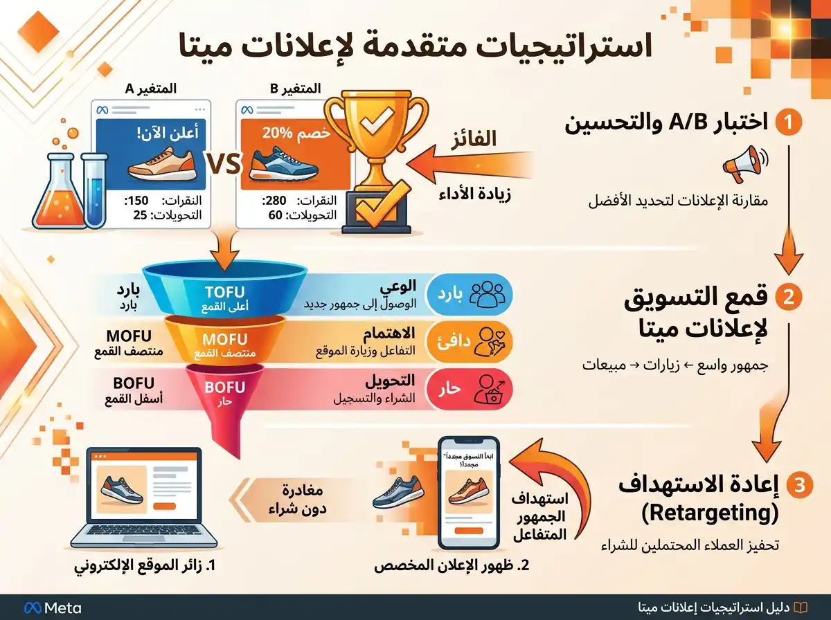 استراتيجيات متقدمة لتحسين أداء إعلانات ميتا تشمل A/B Testing والقمع التسويقي وإعادة الاستهداف