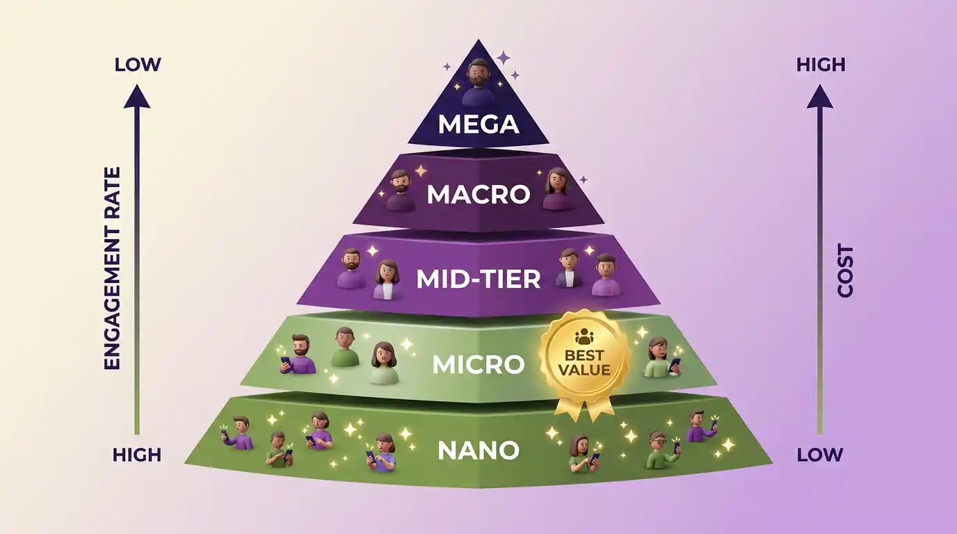 أنواع المؤثرين على السوشال ميديا من النانو للميغا مع مقارنة بين التفاعل والتكلفة والفعالية لكل نوع