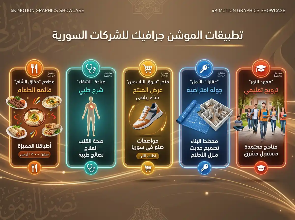 أمثلة إبداعية لاستخدام الموشن غرافيك بمختلف أنواع المشاريع بسوريا من مطاعم وعيادات ومتاجر وعقارات