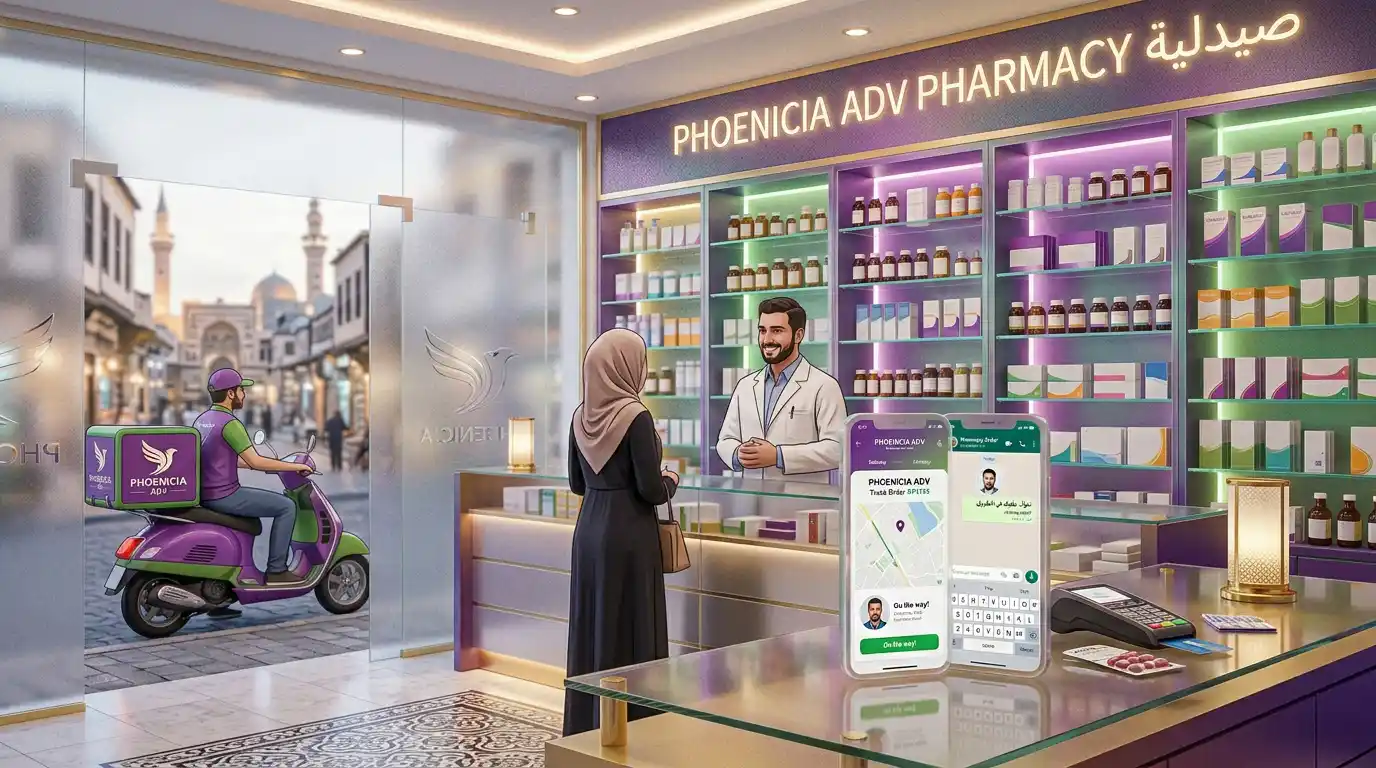 صيدلية سورية حديثة تقدم خدمة التوصيل والاستشارات عبر الإنترنت، بتصميم يعكس ألوان فينيقيا الأرجواني والذهبي
