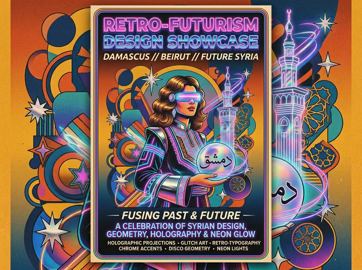ترند الريترو فيوتشريزم بالتصميم الغرافيكي 2025 يجمع بين عناصر السبعينات والثمانينات مع تأثيرات مستقبلية