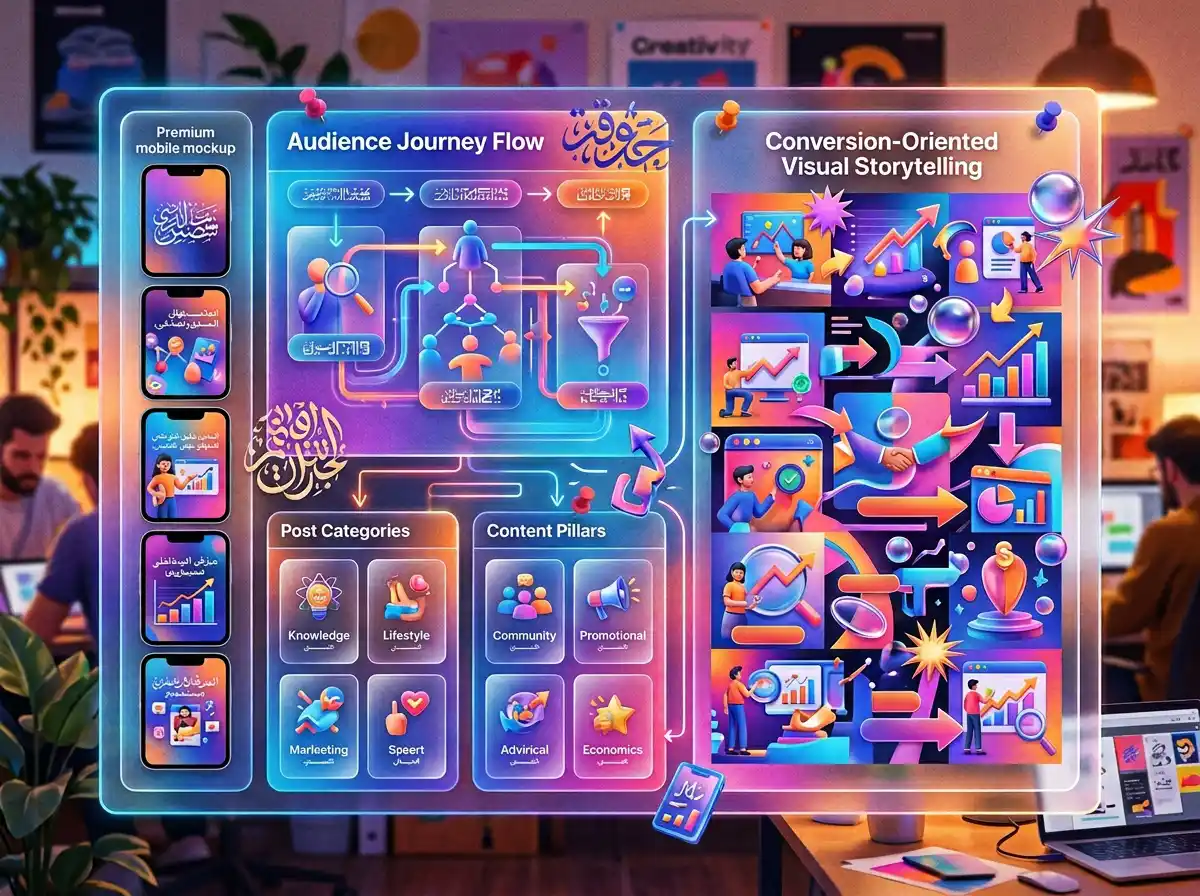 لوحة استراتيجية محتوى تعرض منشورات سوشال ميديا احترافية موجهة للتفاعل والتحويل إلى عملاء