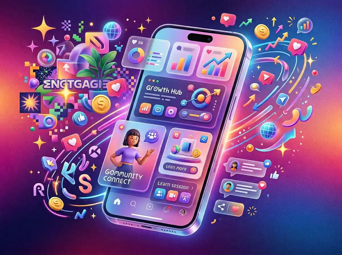 عرض محتوى سوشال ميديا على شاشة هاتف مع عناصر تصميم حديثة ورسائل تسويقية واضحة