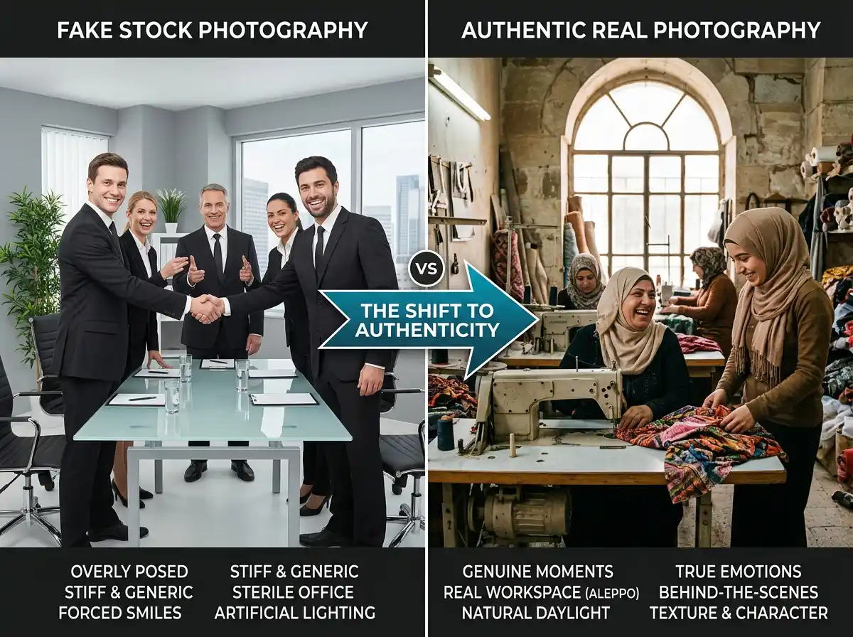 ترند التصوير الحقيقي والعفوي بدل الصور الجاهزة بالتصميم والتسويق 2025 مع أمثلة من بيئة عمل حقيقية