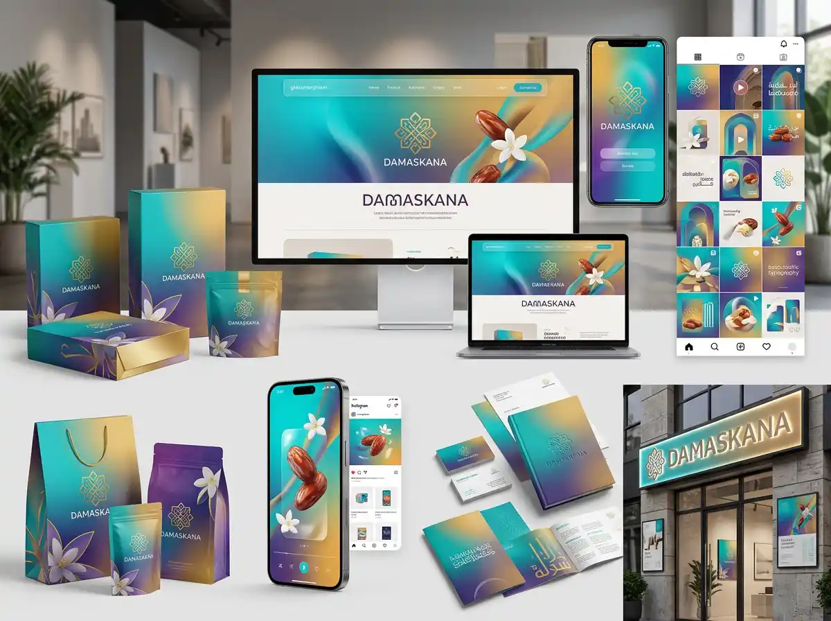 عرض متكامل لهوية بصرية موحدة على الموقع الإلكتروني والسوشال ميديا والمطبوعات والمواد الإعلانية