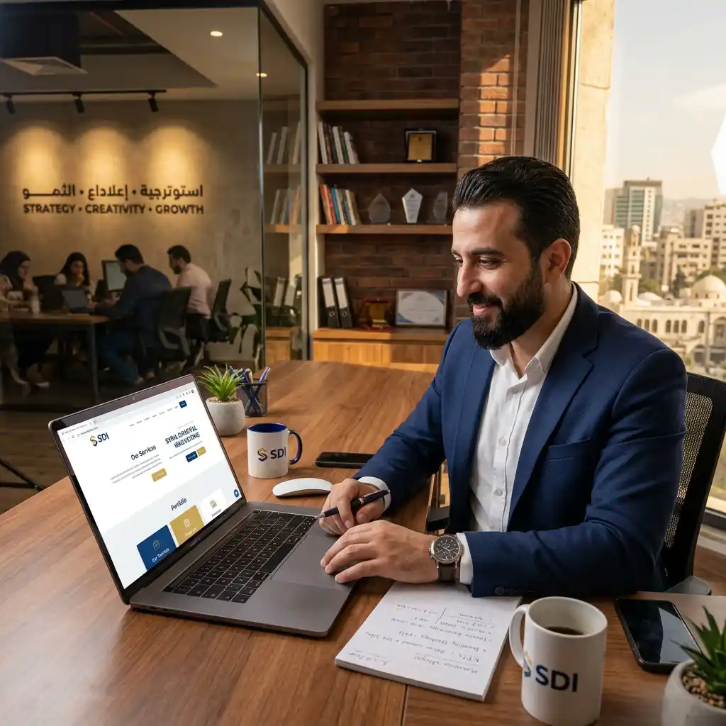رجل أعمال سوري يراجع موقع شركته الاحترافي على جهاز لابتوب داخل مكتب حديث