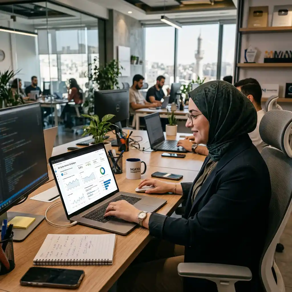 مختص تسويق رقمي في سوريا يستخدم أدوات ذكاء اصطناعي على شاشة لابتوب لتحليل حملات التسويق