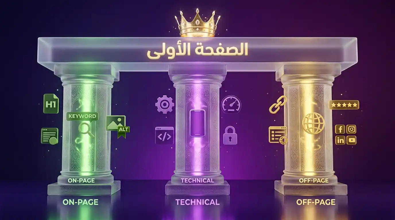 أنواع SEO الثلاثة: On-Page SEO الداخلي و Technical SEO التقني و Off-Page SEO الخارجي مع شرح لكل نوع