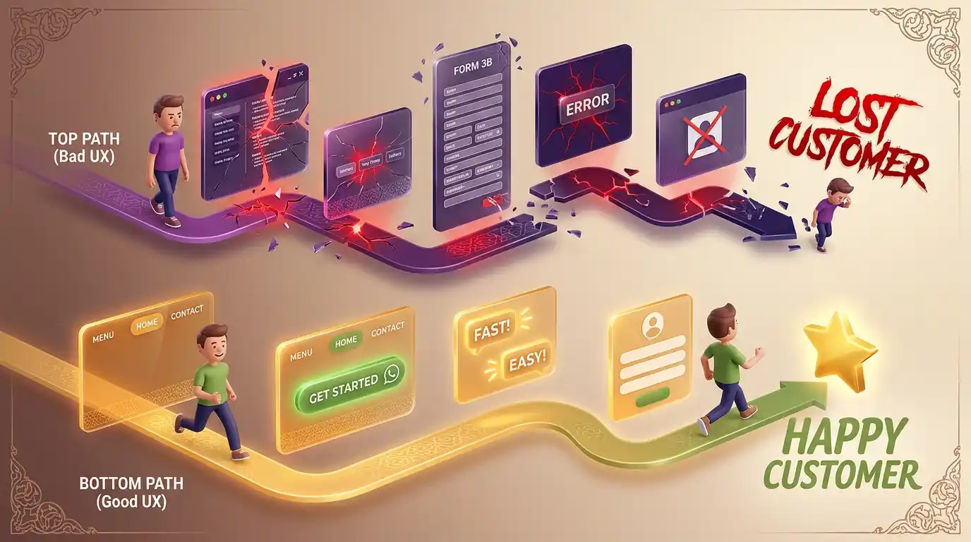 تحسين تجربة المستخدم UX للمواقع الإلكترونية مع مقارنة بين تجربة سيئة وتجربة مثالية بـ 2025