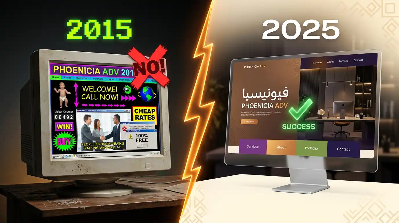 مقارنة بين تصميم موقع قديم يقتل الثقة وتصميم موقع حديث واحترافي بمعايير 2025