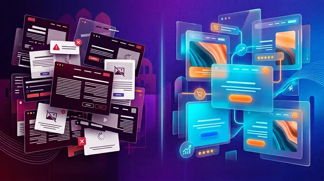 مقارنة بصرية بين أخطاء تصميم المواقع وتجربة مستخدم احترافية تساعد على جذب العملاء