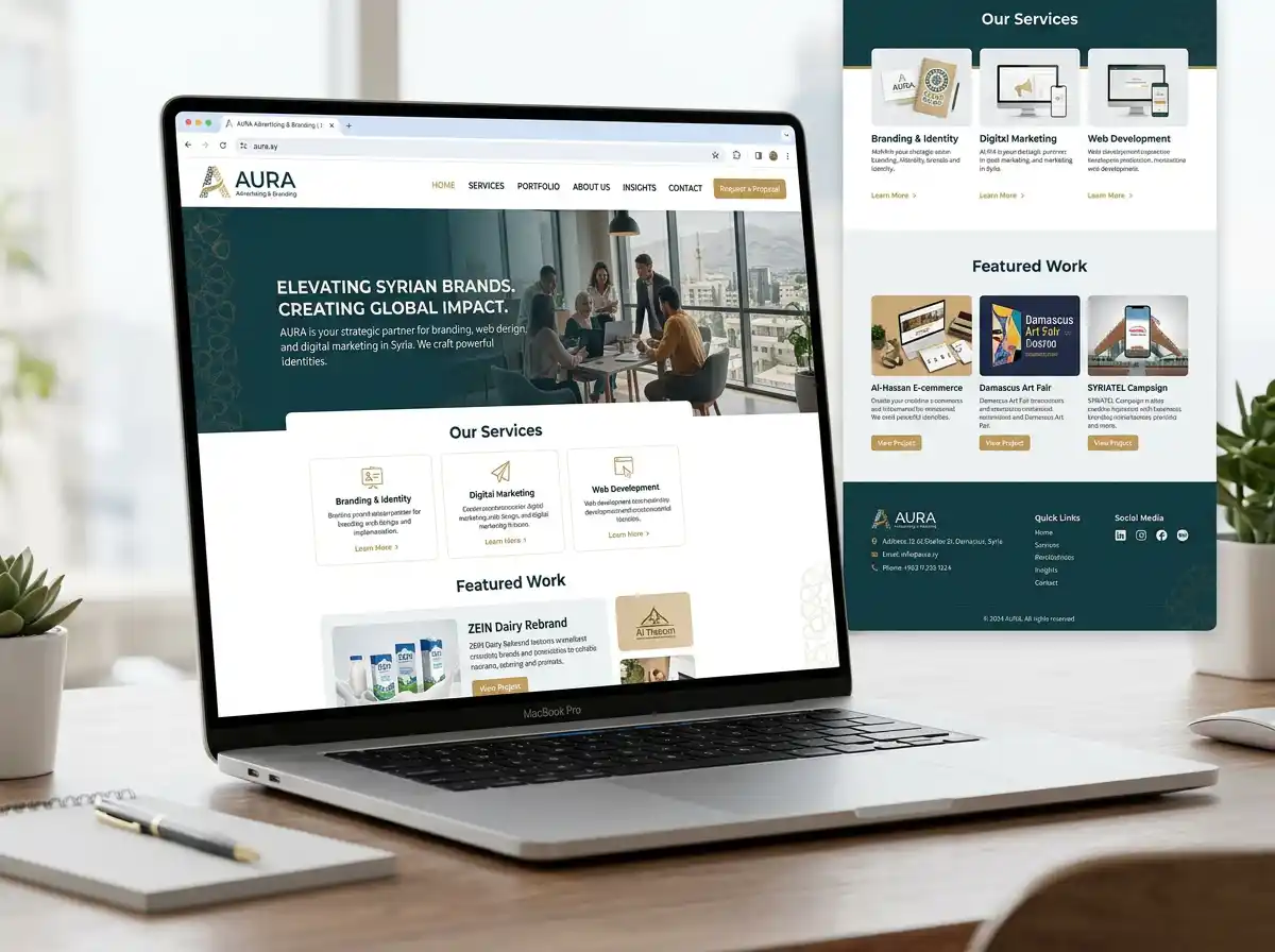 تصميم واجهة موقع احترافي يعرض هوية بصرية متناسقة لشركة دعاية وإعلان في سوريا