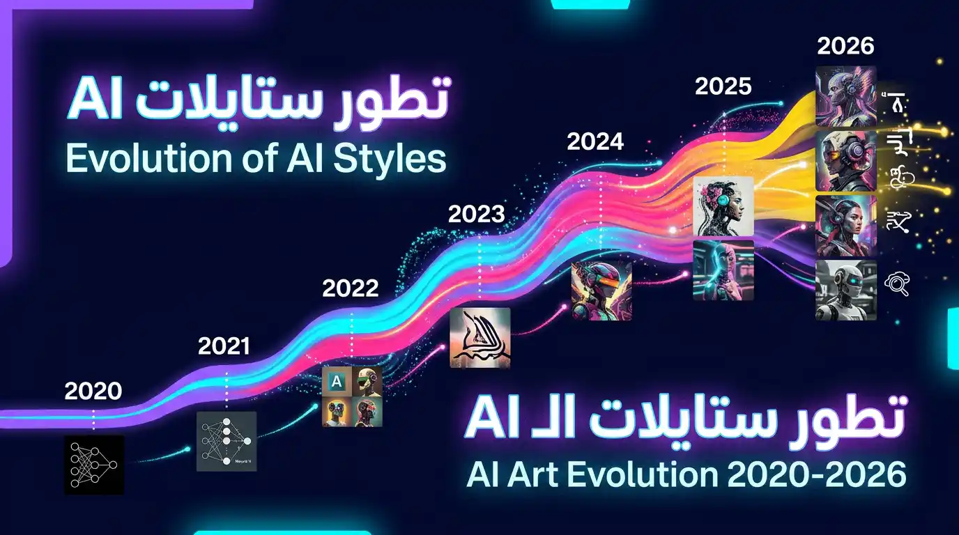 تطور ستايلات الذكاء الاصطناعي بالتصميم الجرافيكي من 2020 لـ 2026