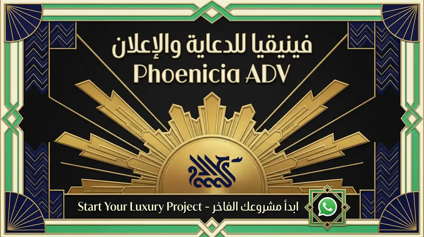 خاتمة مقال آرت ديكو مع دعوة للعمل وشعار فينيقيا للدعاية والإعلان