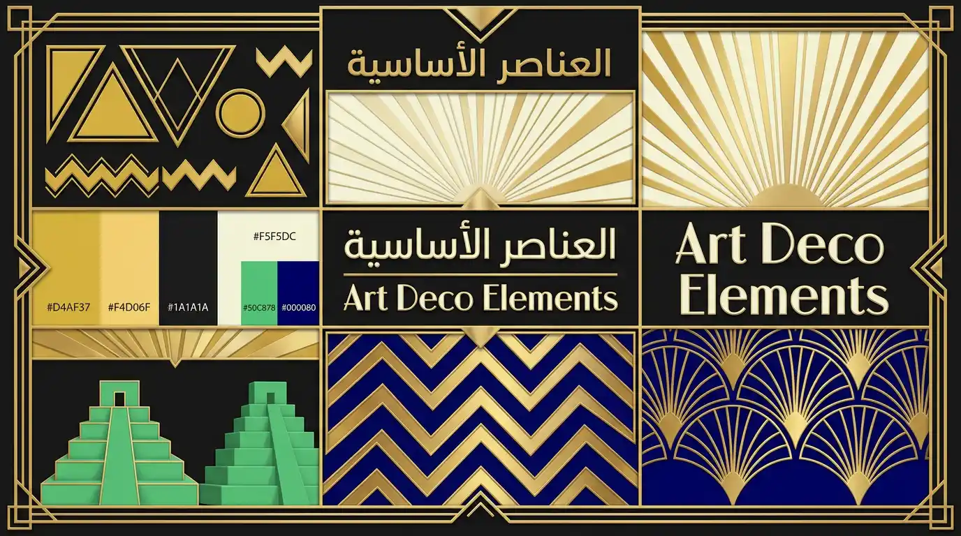 العناصر الأساسية لستايل آرت ديكو من أشكال هندسية وخطوط متدرجة ونقوش ذهبية