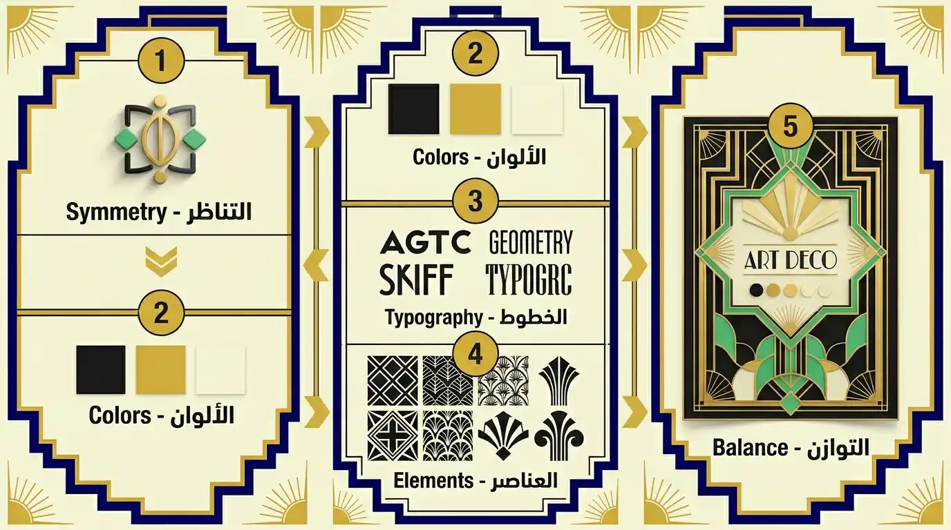 إنفوغرافيك يوضح خطوات تصميم قطعة بستايل آرت ديكو من البداية للنهاية