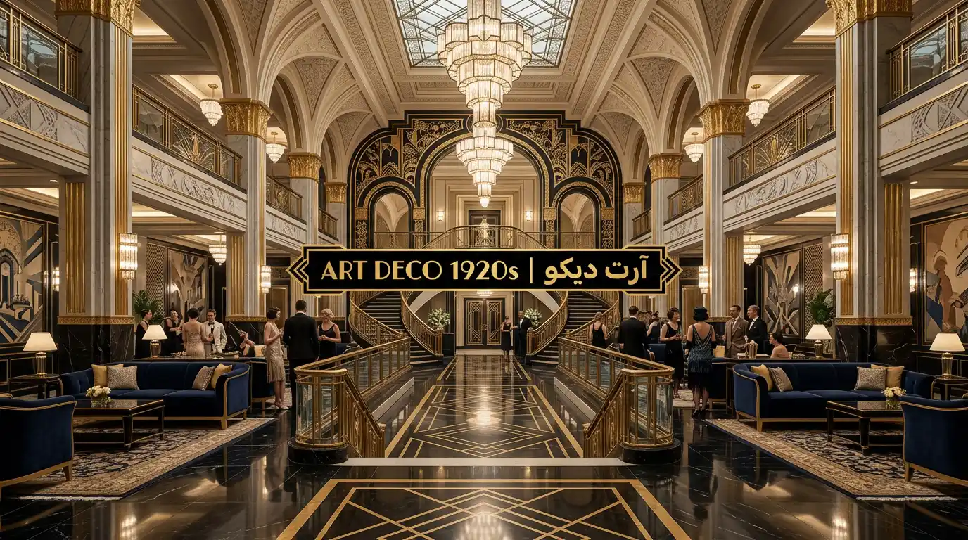 ساعة فاخرة بتصميم آرت ديكو هندسي بألوان فينيقيا الذهبية والبنفسجية